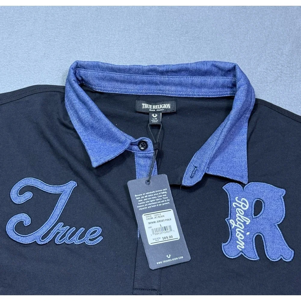 True Religion Polo Shirt Mens L Denim Jersey Big Logo Streetwear Normcore NEW